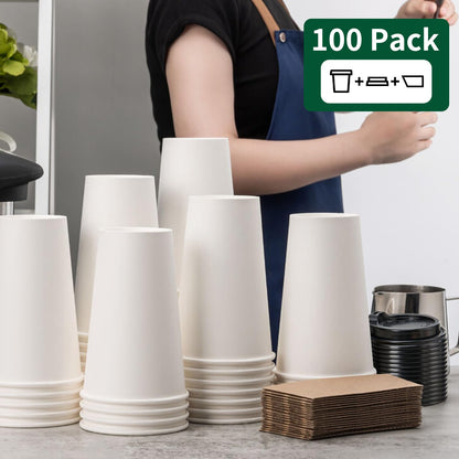 YEEHAW Coffee Cups 16 oz 100 Pack, Disposable Paper Cups with Lids and Sleeves, Hot Cups for Coffee, Hot Tea and Chocolate, Heat & Leak-proof to Go Cups for Hot Beverage in Office, Home and Cafes