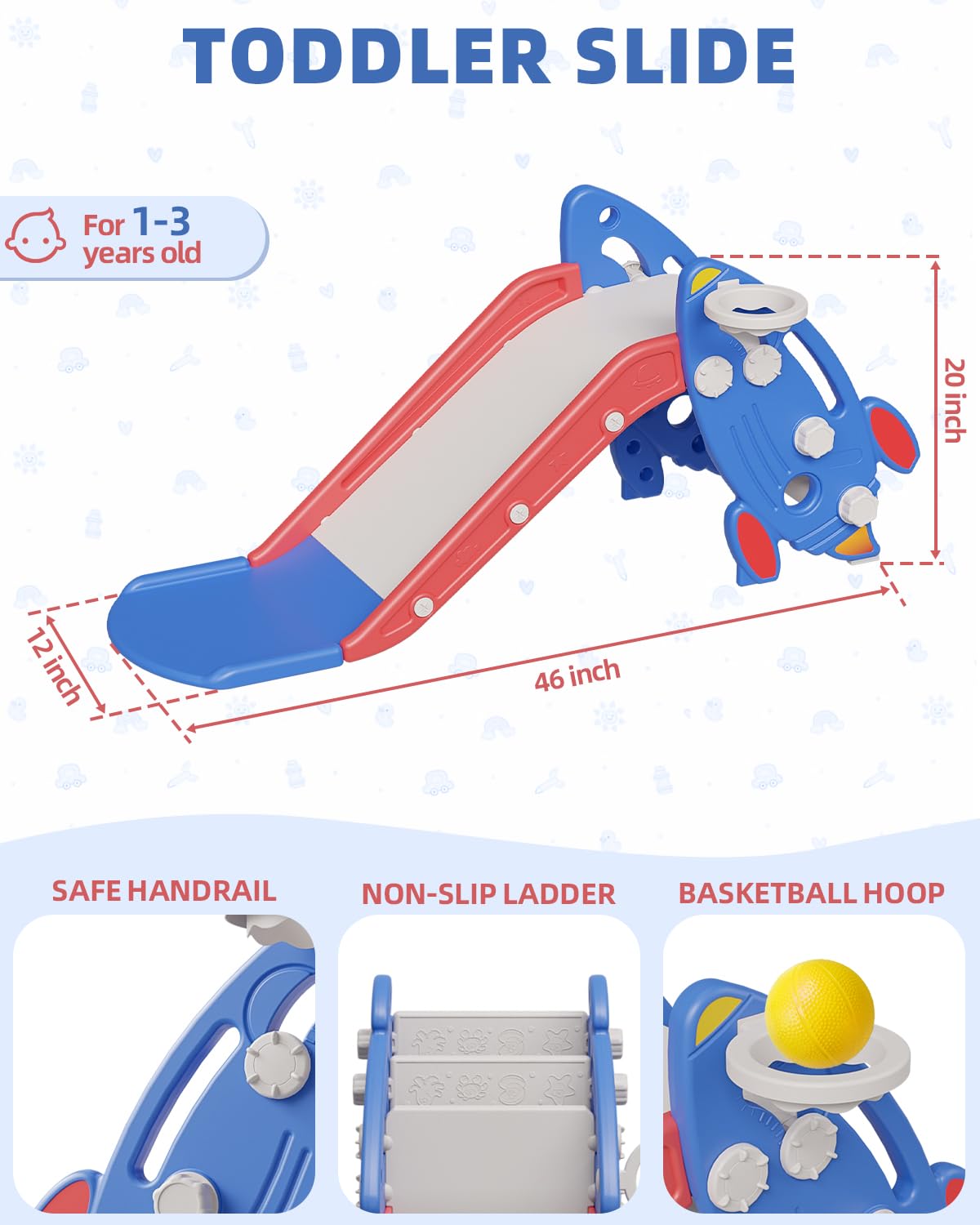 SYPEVIN Toddler Slide, Indoor Slide for Toddlers Age 1-3, Freestanding Kids Slide Climber Playset Toys with Basketball Hoop, Ideal Gift for Boys and Girls, Red Blue Rocket