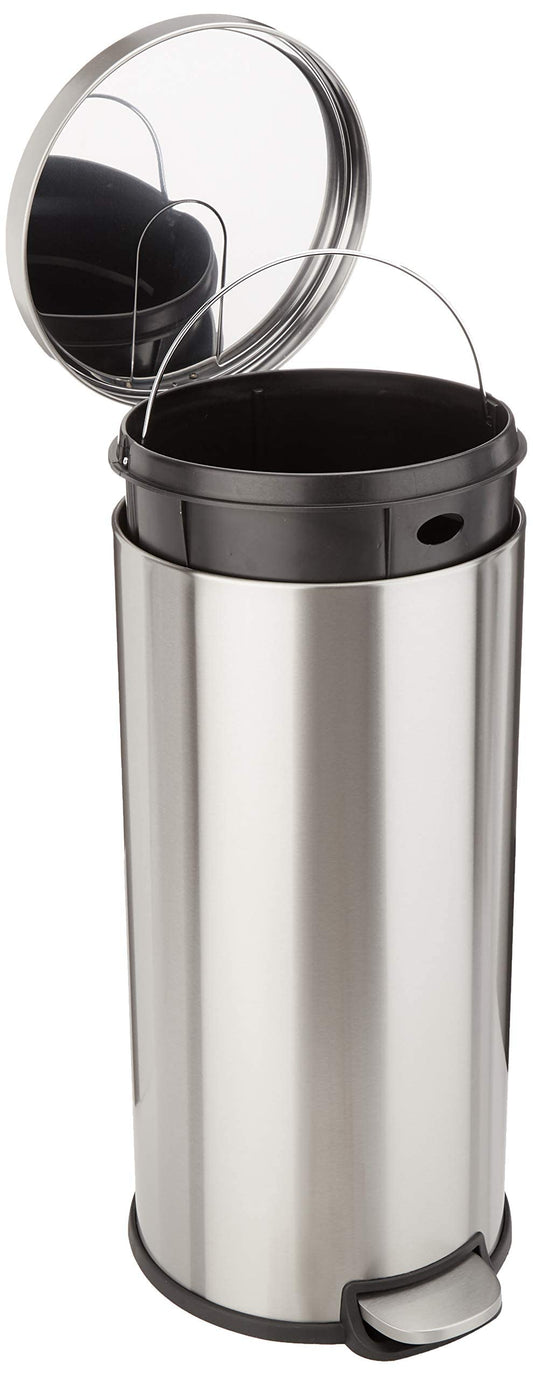Amazon Basics Round Cylindrical Trash Can With Soft-Close Foot Pedal, 30 Liter/7.9 Gallon, Brushed Stainless Steel