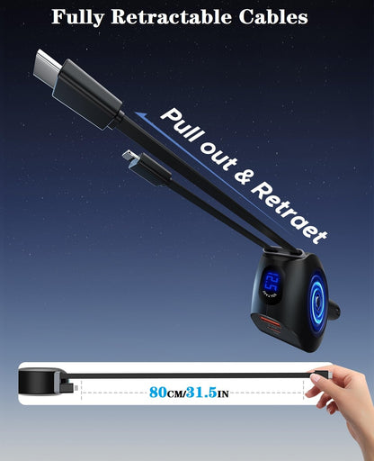 4-in-1 Fast Car Charger with Retractable Cables