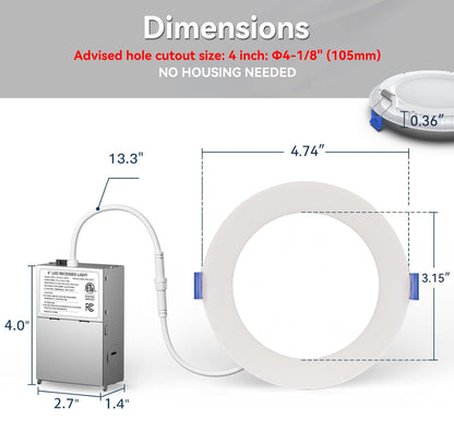 PAZZO 12 Pack 4 Inch LED Recessed Ceiling Light, 5CCT 800LM High Brightness, Dimmable Canless Wafer Downlight, ETL and Energy Star Certified, 9W, Junction Box Included
