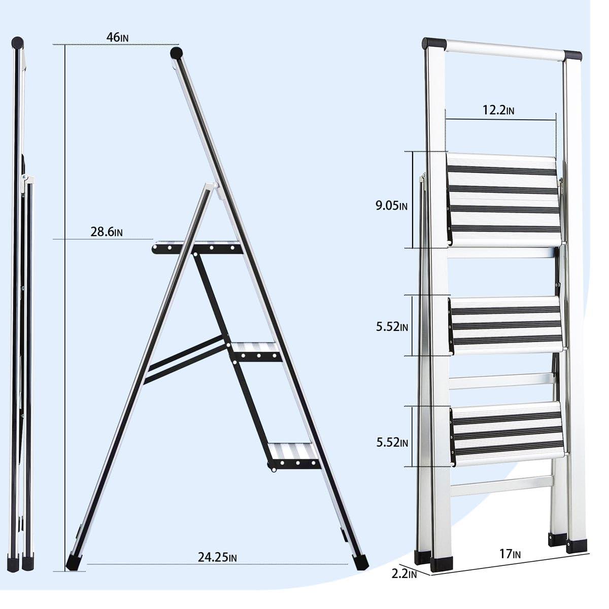 Step Ladder 3 Step Folding Aluminum Small Step Stool with Handle for Kitchen Closet, 4Ft Foldable Steping Stool for Adults Seniors, Wide Anti Slip Pedal, 300lbs Lightweight Portable Ladders for Home