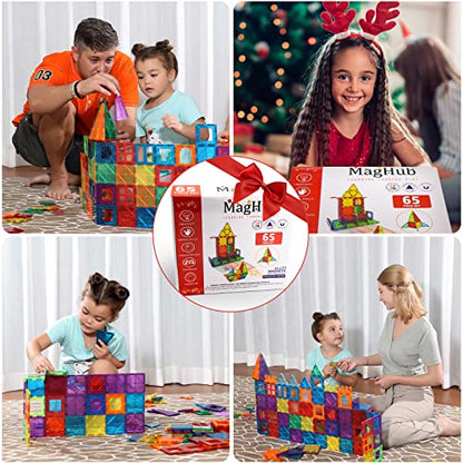 MagHub Magnetic Tiles 65 Piece Colorful Magnetic Blocks Set with car, Unique Clear 3D Magnetic Building Blocks for 3+ Years Old Boys and Girls, STEM Construction Preschool Magnets for Kids Toddlers