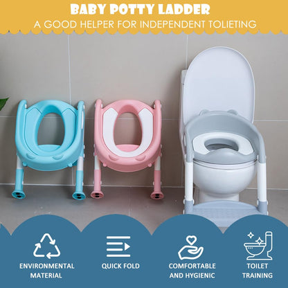 EGREE Potty Training Toilet Chair Seat with Step Stool Ladder for Kids and Toddler Boys Girls - Foldable Height Adjustable Children Toilet Training Seat with Safe Handles & Anti-Slip Pads, White-Grey