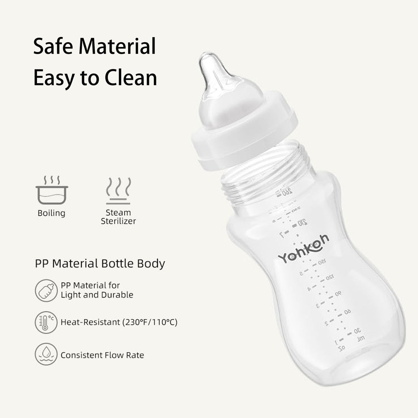 YOHKOH Natural Flow PP Baby Bottle with Natural Response Nipple, Wide Neck Anti-Colic Baby Bottles, Easy to Clean (8.8oz (Pack of 2), White)