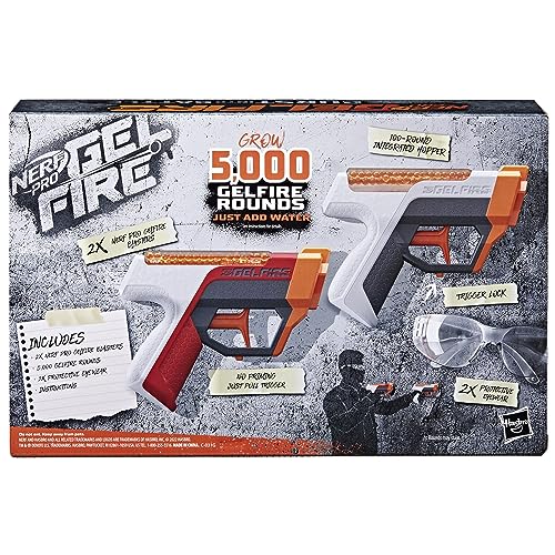 Nerf Pro Gelfire Dual Wield Pack, 2 Blasters, No-Prime Firing, 5000 Gelfire Rounds, 2X 100 Round Integrated Hoppers, 2 Eyewear, Ages 14 & Up