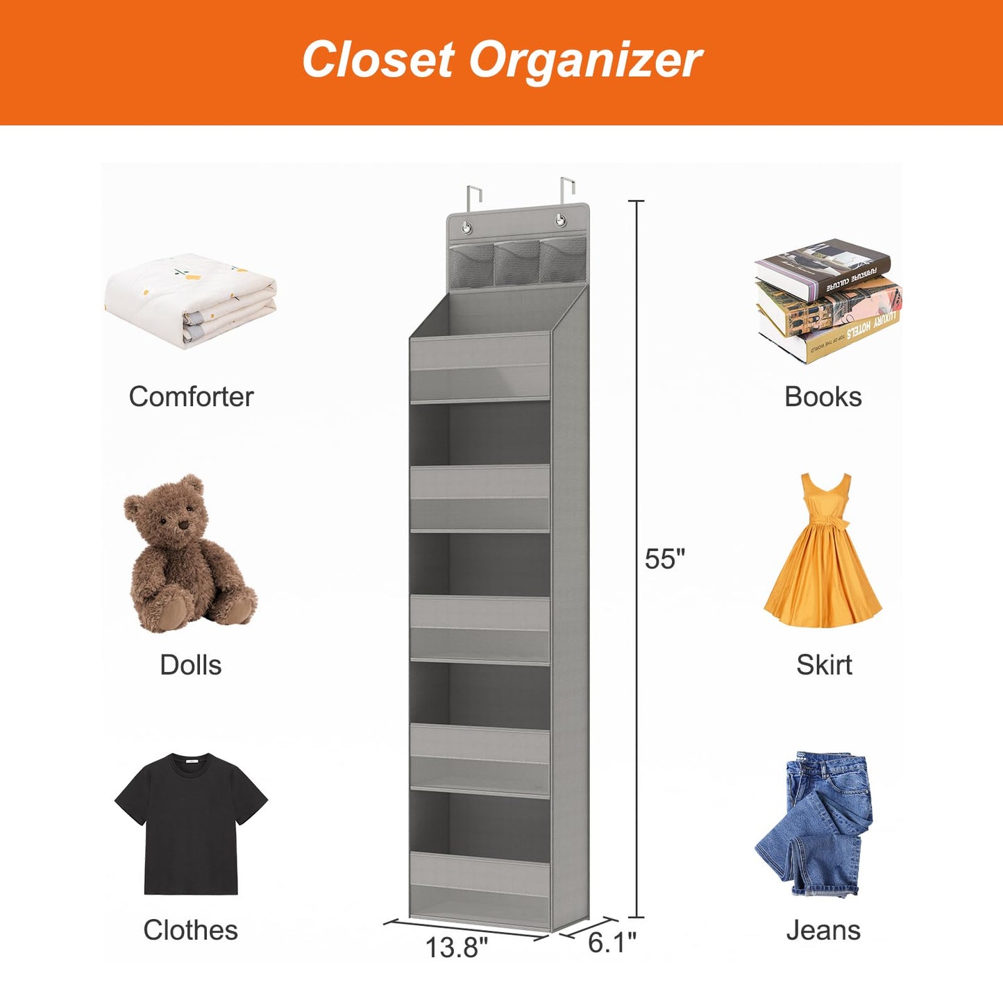 Fixwal Over the Door Organizer 6 Shelf Hanging Storage Organizer with 3 Pockets for Bedroom, Living Room, Baby Nursery, Bedroom, Kitchen, Grey