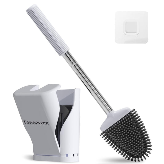 Fowooyeen Silicone Toilet Brush and Holder Set, Automatic Toilet Bowl Brushes with Ventilation Slots Base for Bathroom Cream