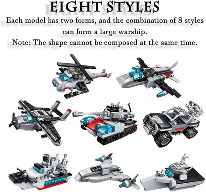 ENHANA 700 PCS Aircraft Carrier Building Blocks Set,8 in 1 Military Battleship Building Toy,17 Styles Army Vehicles Helicopter Airplane Warship Birthday Gifts for Boys
