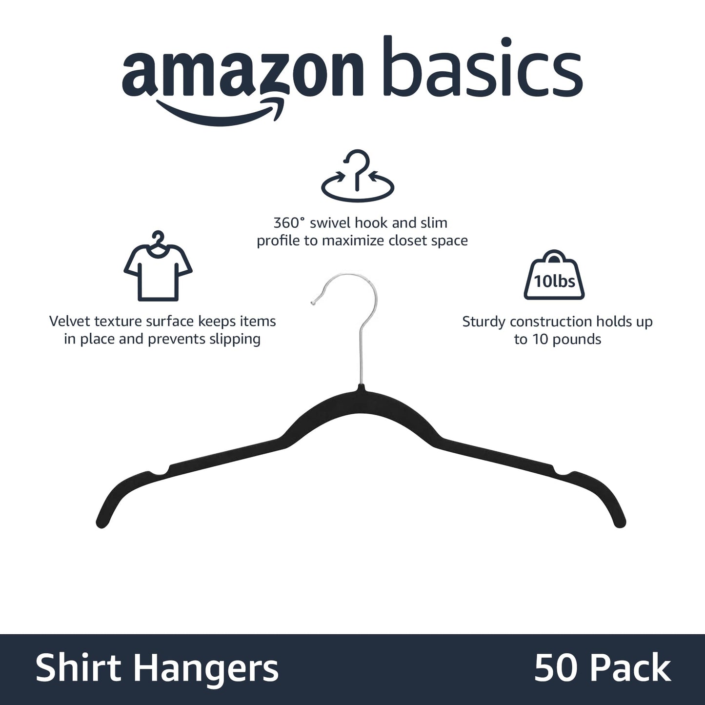 Amazon Basics Slim, Velvet, Non-Slip Shirt Clothes Hangers, Pack of 50, Black