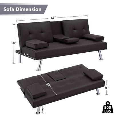 DKLGG Modern Futon Sofa Bed, Faux Leather Upholstered Sofa Couch, Convertible Sleeper Sofa with Removable Armrests 2 Cup Holders Couch Sofa Sleeper for Small Space, Home, Living Room, Apartment