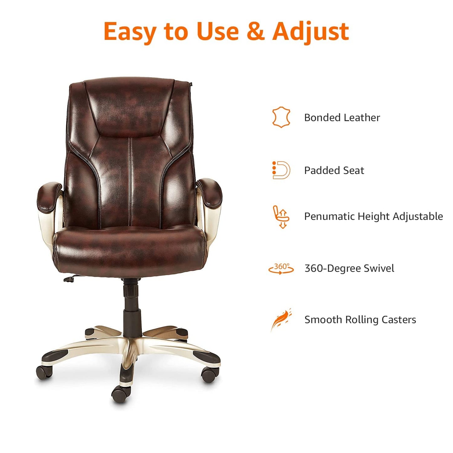 Amazon Basics Executive Home Office Desk Chair with Padded Armrests, Adjustable Height and Tilt, Rolling Swivel Chair, 275 Pound Capacity, Brown and Gold