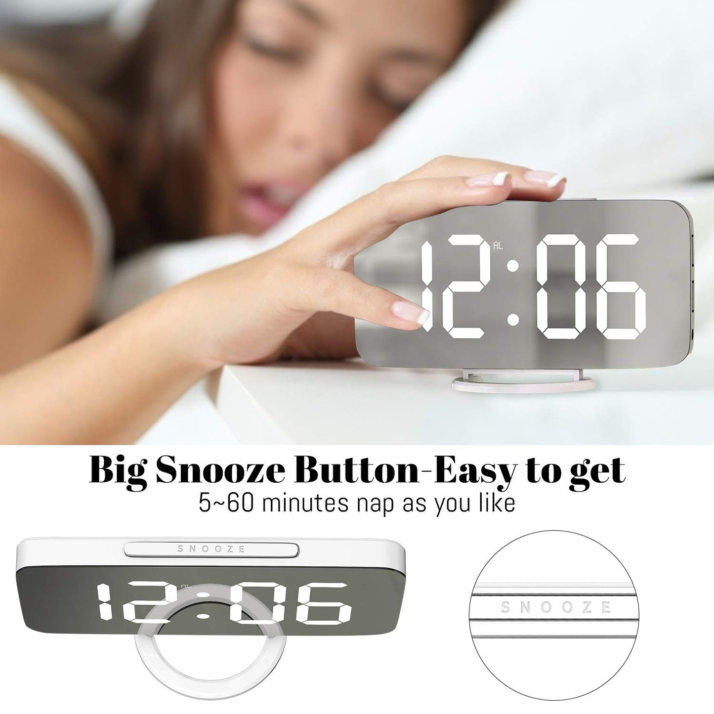 WulaWindy Digital Alarm Clock, Large Mirrored LED Display, with USB Charger, Snooze Function Dim Mode Wall Hanging Beside Desk Clock for Bedroom Room Decor