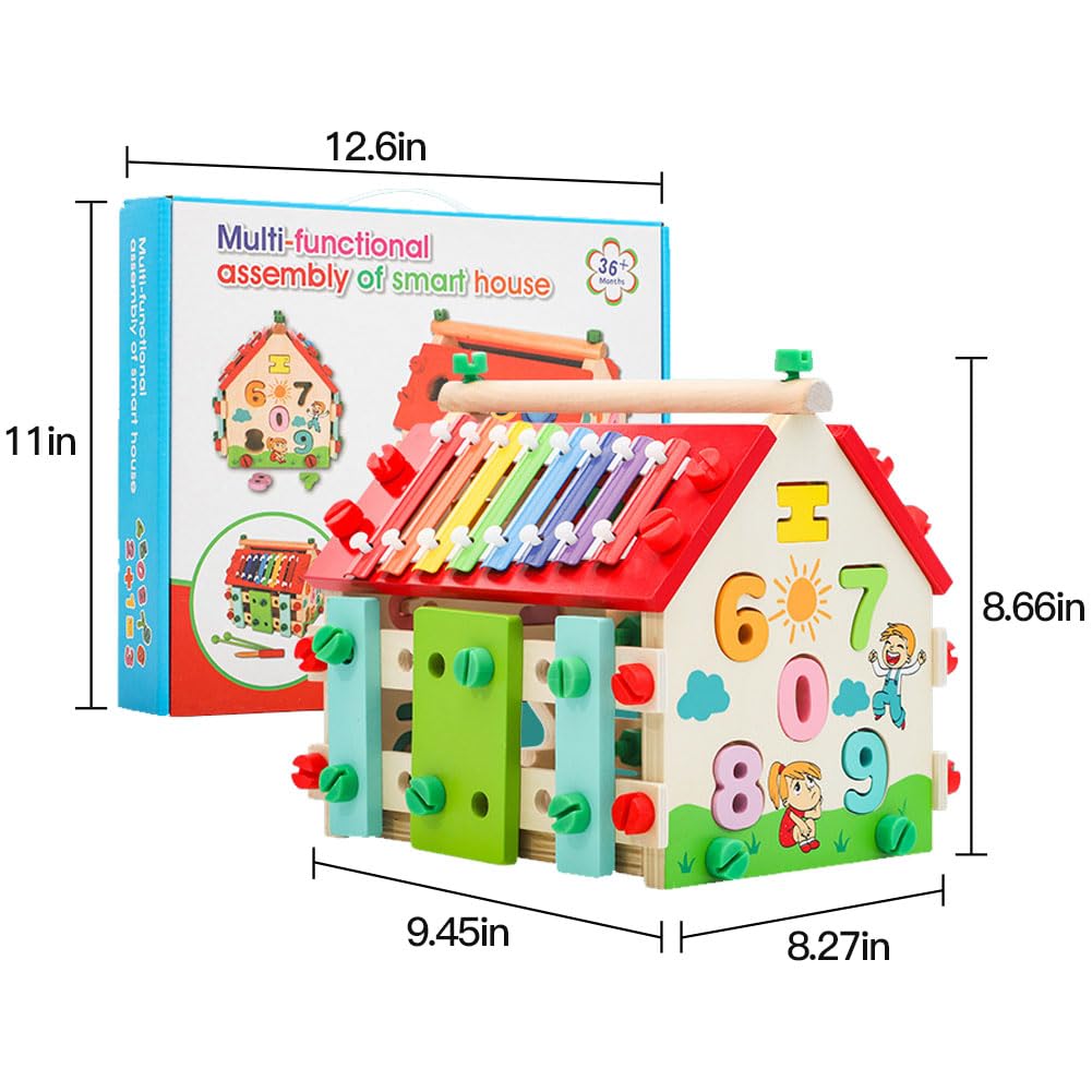 Aozzy Montessori Busy House Toy, 6 in 1 Wooden Activity Cube for Toddlers 1-3 with Xylophone Digital Screws, Sensory Toys for Toddler, Fine Motor Skills, Birthday Gift for Toddler