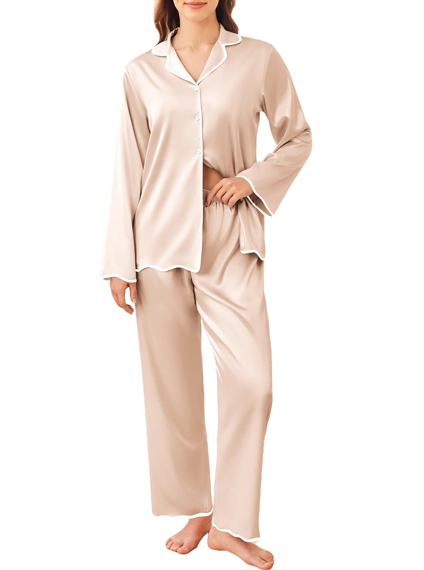 Ekouaer Silk Pajamas for Women Satin Long Sleeve Pajamas Set 2 Pieces Button Down Shirts and Pants Ruffle Sleepwear Champagne Medium