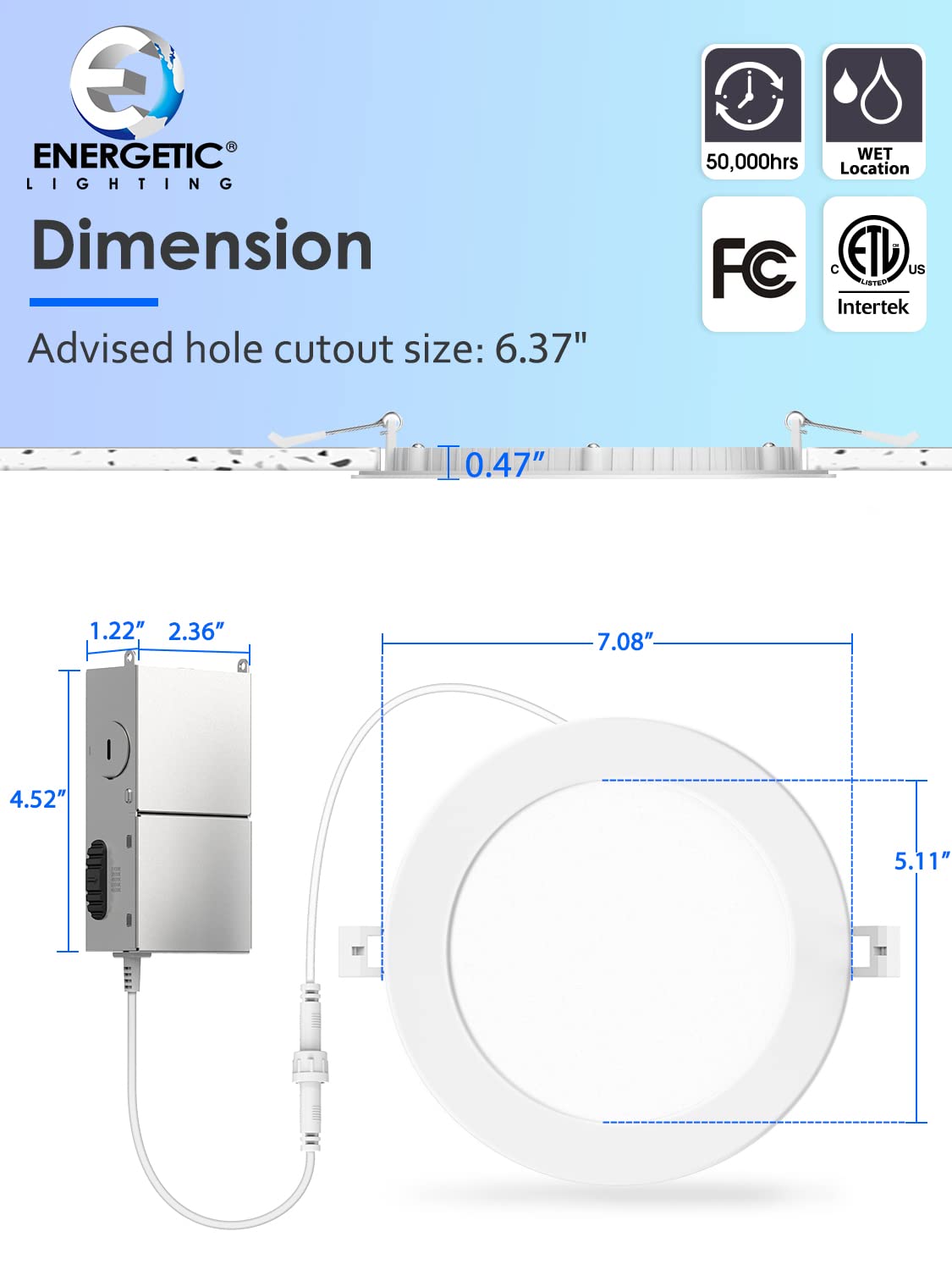 Energetic 12 Pack 6 Inch 5CCT Ultra-Thin LED Recessed Ceiling Light with Junction Box, 2700K/3000K/4000K/5000K/6500K Selectable, 12W 120W Eqv, 900LM, Dimmable Canless Wafer Downlight, IC Rated, ETL