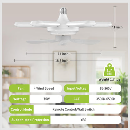 Socket Fan Light, Ceiling Fans with Lights and Remote - Dimmable LED Ceiling Fans with Lights,360°Super Brighter Foldable Socket Fan,3 Colors 3500K-6500K,E27 Screw in Ceiling Fan for Bedroom Garage