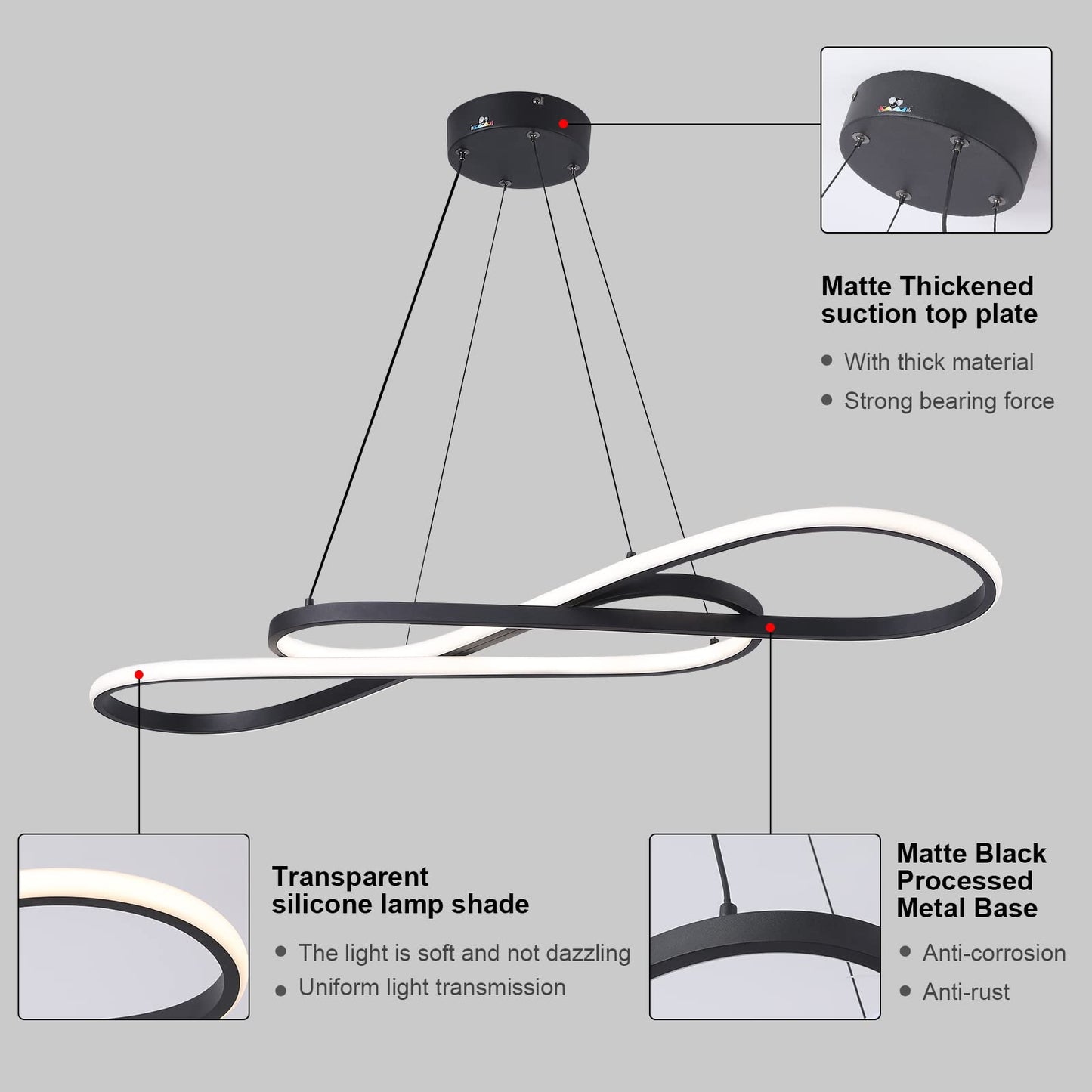 Afaoel Modern LED dimmable Chandelier 45W Color Temperature 3000K-4000K-5000K Creative Design Suitable for Living room Dining room Kitchen Island Bedroom foyer Note The shape (Black, 40 Inch)
