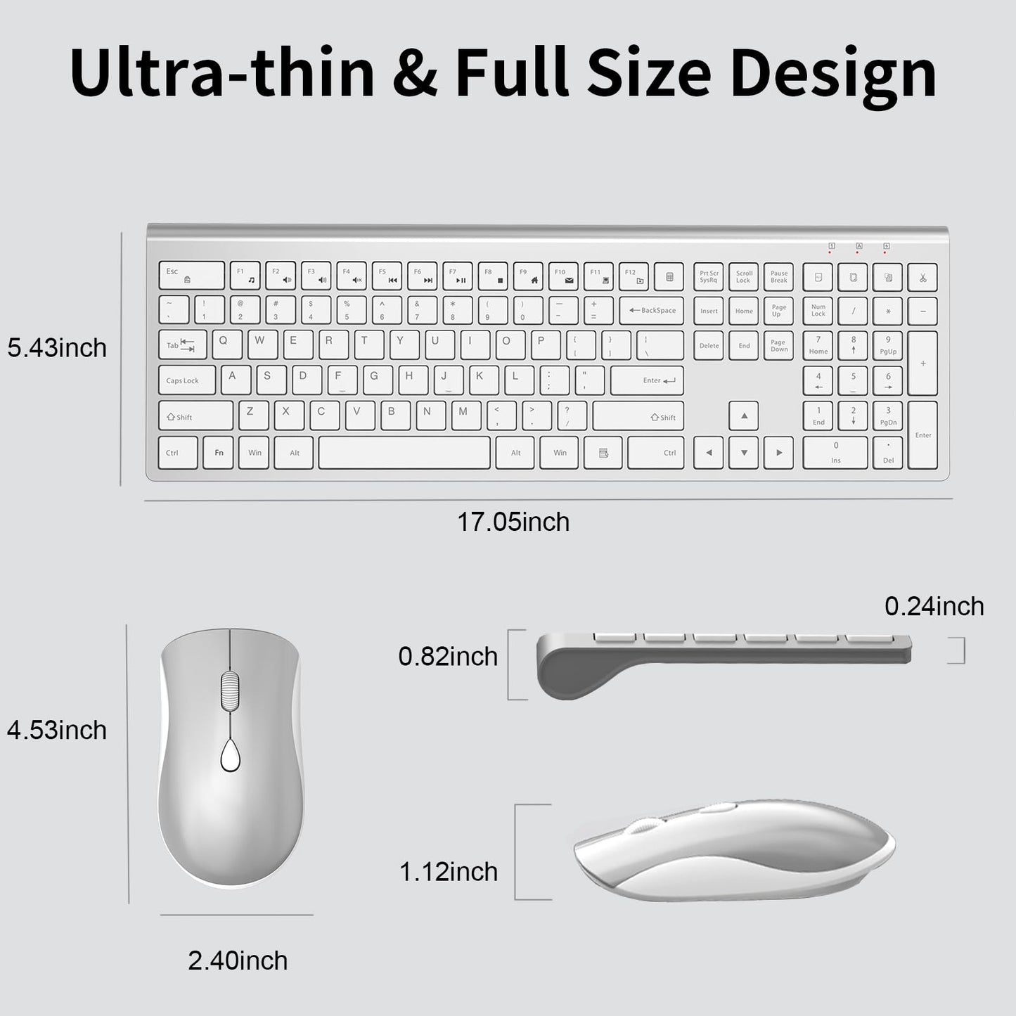 Wireless Keyboard Mouse Combo, Silent & Slim Keyboard and Mouse with USB Receiver, Quiet Click, 2400 DPI, 110 Keys Full Size & Ergonomic Computer Keyboard Set for Laptop PC Windows Mac - Silver White