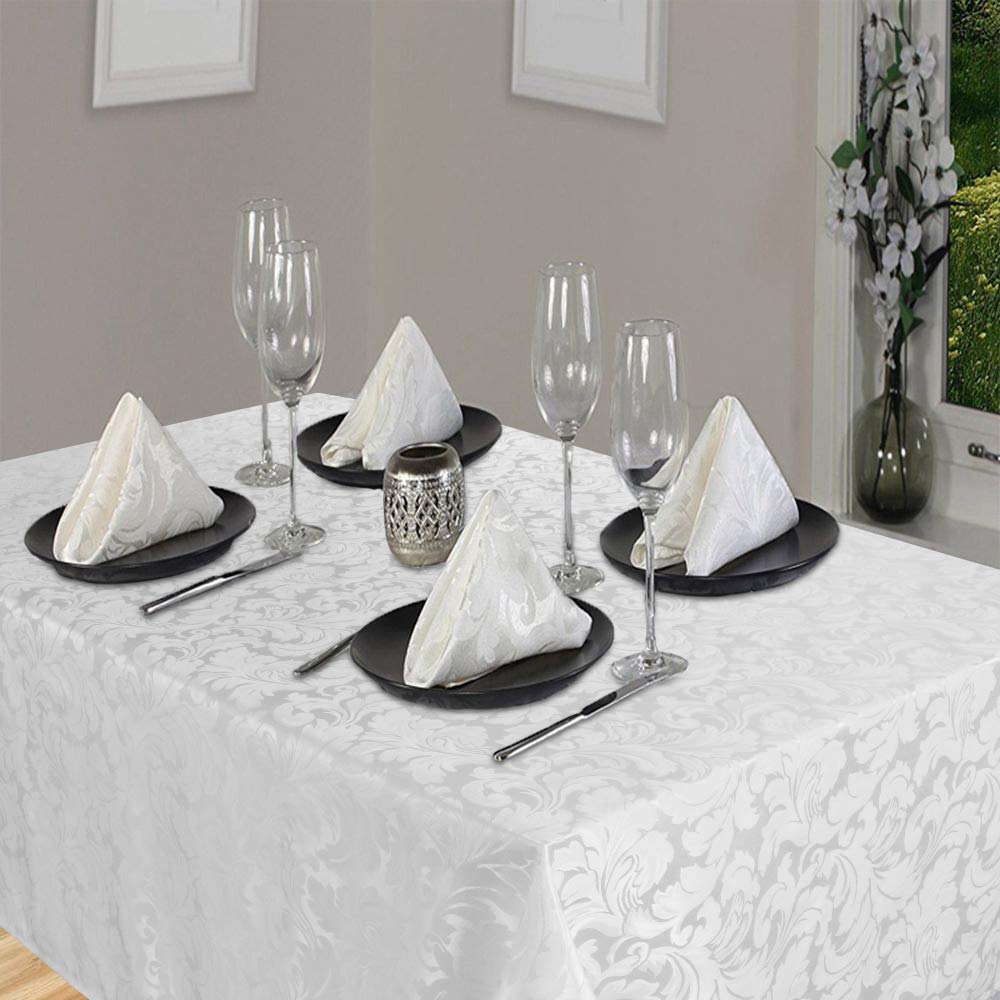 Lahome Elegant Damask Jacquard Tablecloth - Polyester Fabric Spillproof Water Resistant Washable Table Cover for Kitchen Dining Room Wedding Party Home Decor (White, Rectangle - 60" x 84")