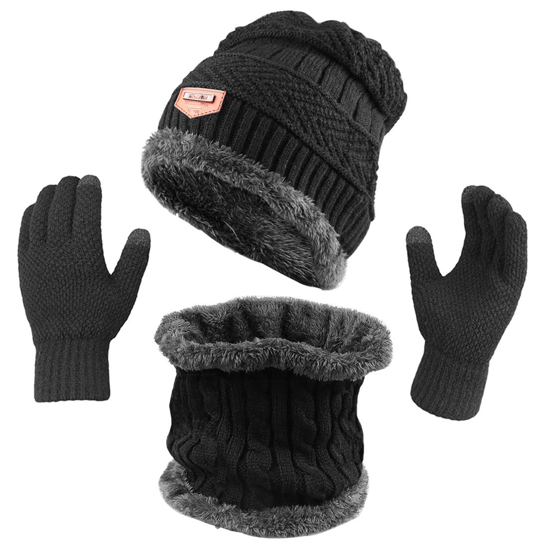 KRATARC Winter Warm Scarf Beanie Hat Knit Glove Neck Gaiter Set Adult Men Women Outdoor (Black)