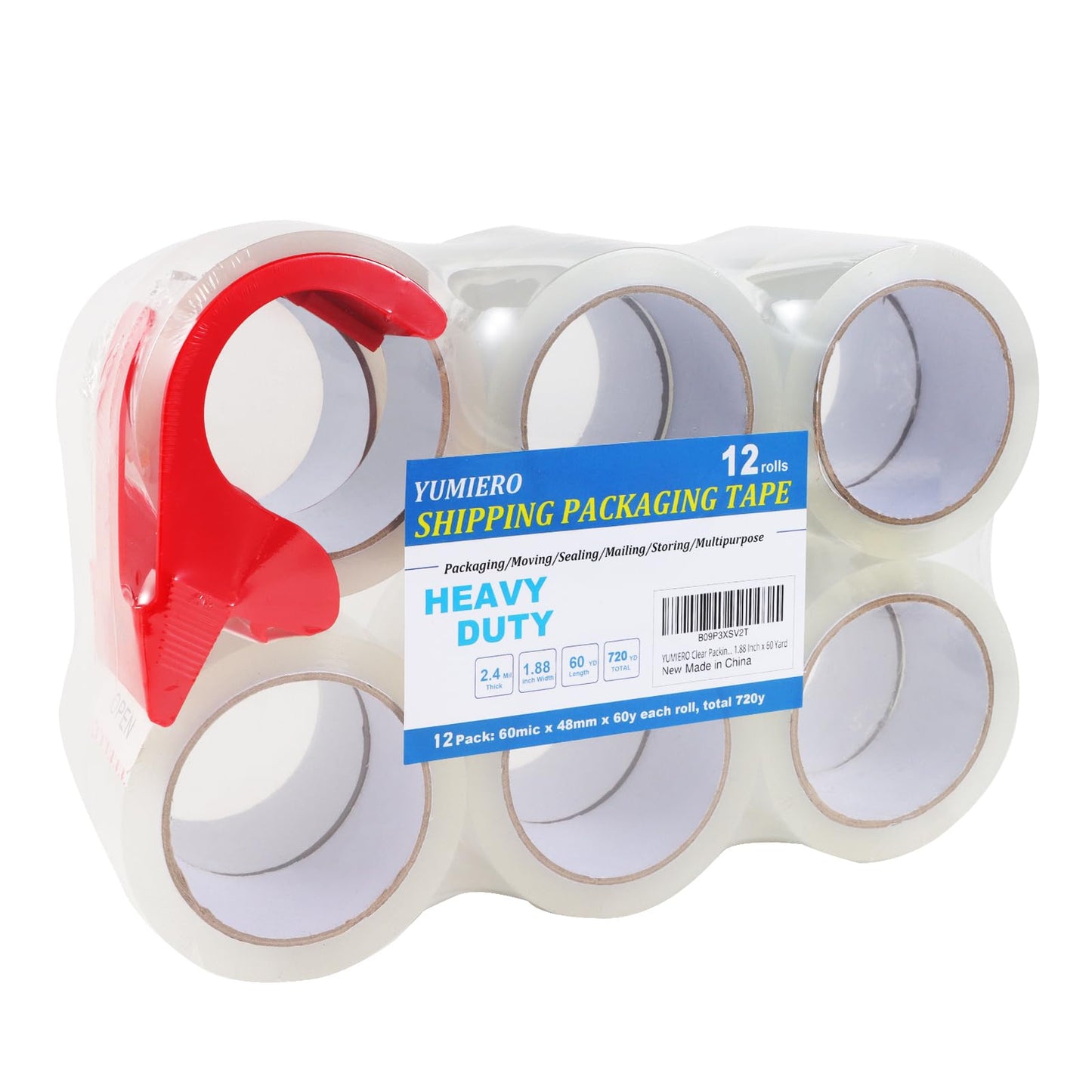 YUMIERO Clear Packing Tape 12 Rolls, Heavy Duty Packaging Tape with Dispenser, Refill for Shipping Packaging Moving Sealing, 2.4Mil 1.88 Inches 60 Yards, Total 720 Yards