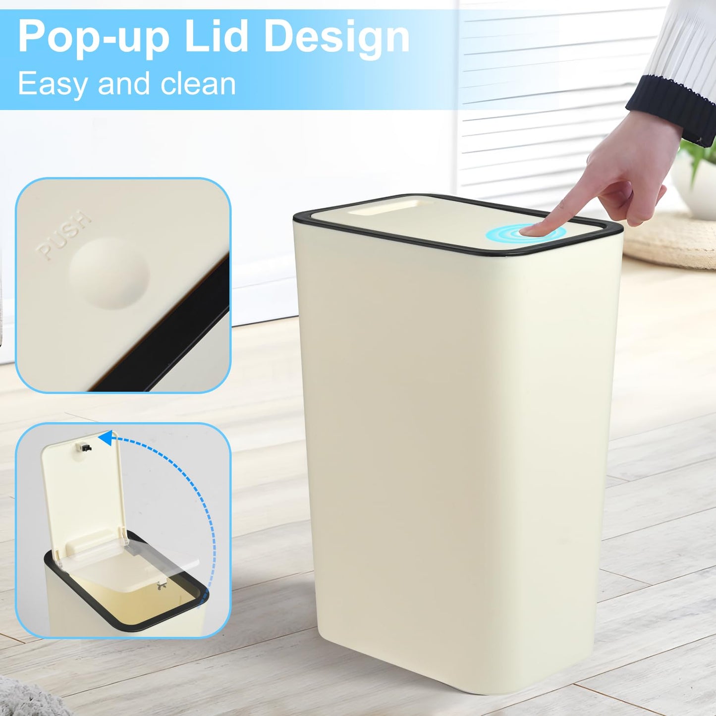 Anzoymx Bathroom Trash Cans with Lids - 3 Pack Kitchen Garbage Can 4 Gallons 2 PCS and 3 Gallons 1 PC with Pop Up Lid,Small Narrow Waste Basket for Bedroom Living Room and Office(3 Pack,Yellow)