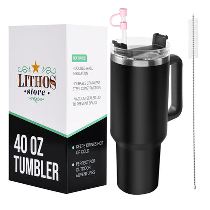 LITHOS Store Premium 40 Oz Insulated Stainless Steel Travel Mug with Handle and Straw - Keeps Beverages Hot or Cold - Bonus Cleaning Brush & Silicone Straw Cover Cap, Sleek Black