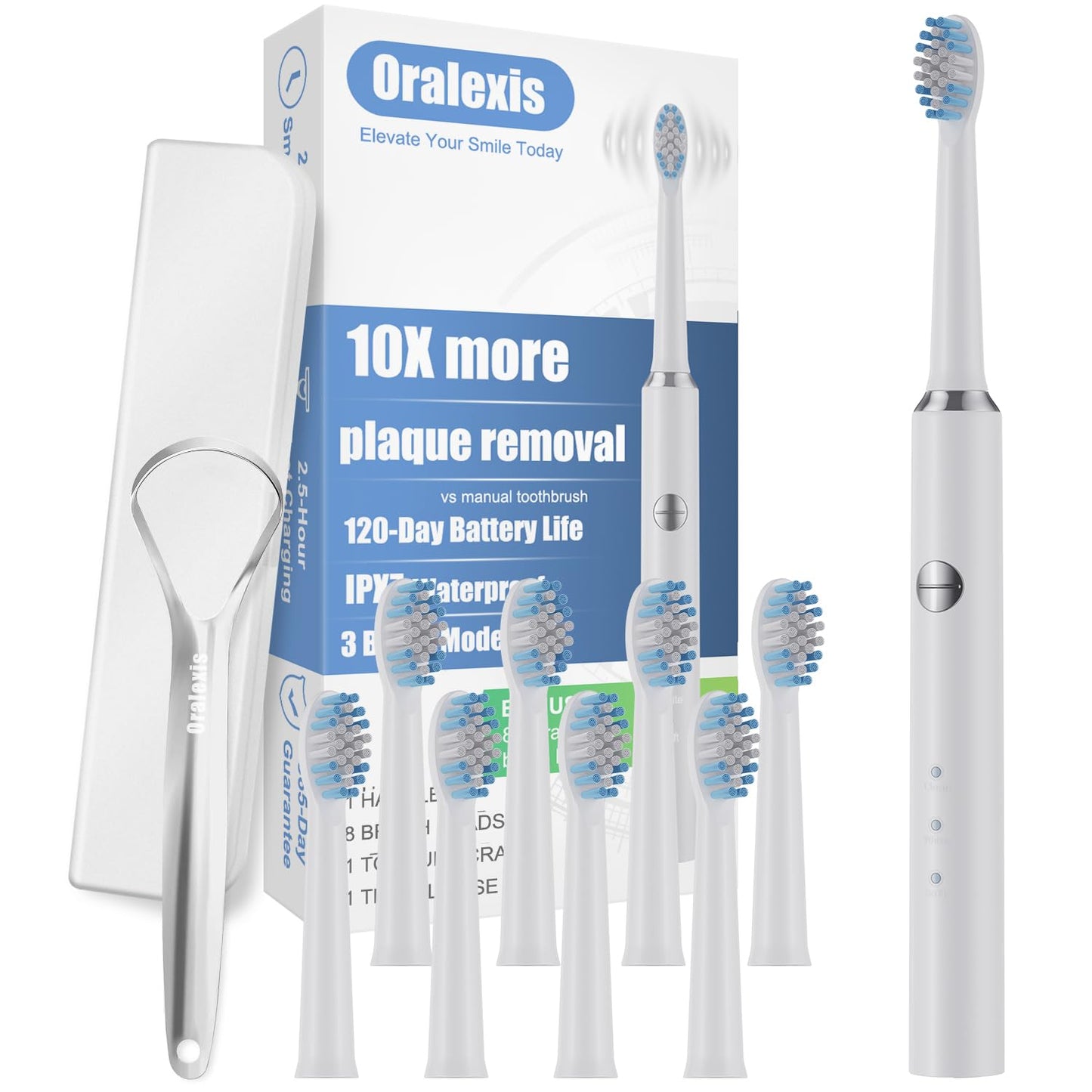 ORALEXIS Electric Toothbrush for Adults and Kids, with Tongue Scraper and 8 Brush Heads, One Fast Charge Last 120 Days, 40000 VPM Deep Clean, Sonic Travel Toothbrush - White