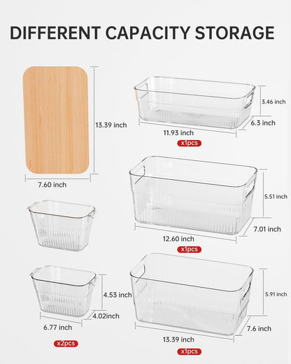 5 Pack PET Storage Bins with Bamboo Cutting Board