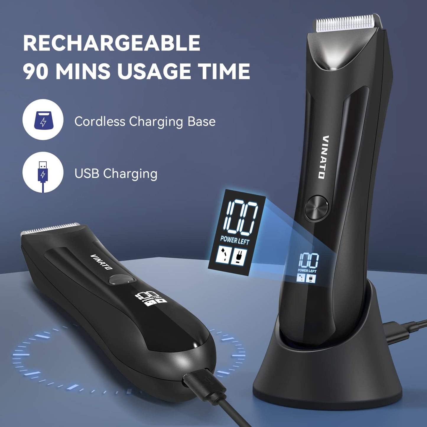 VINATO Electric Body Hair Trimmer -Groin Hair Trimmer for Men, USB Recharge Dock Replaceable Ceramic Blade, Male Hygiene Razor, 90 Mins Battery Life