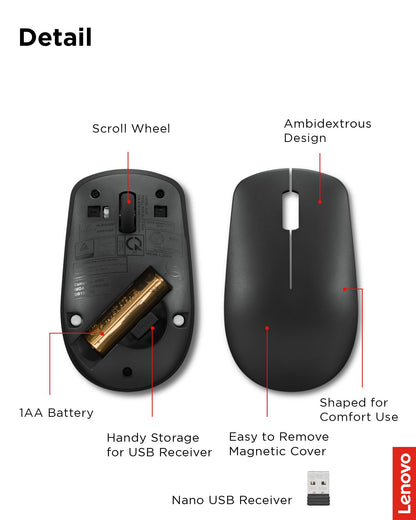 Lenovo 530 Wireless Mouse – Full Size Computer Mouse for PC, Laptop, Windows Computer - 2.4 GHz Nano USB Receiver - Ambidextrous Design - 12 Months Battery Life – Cordless