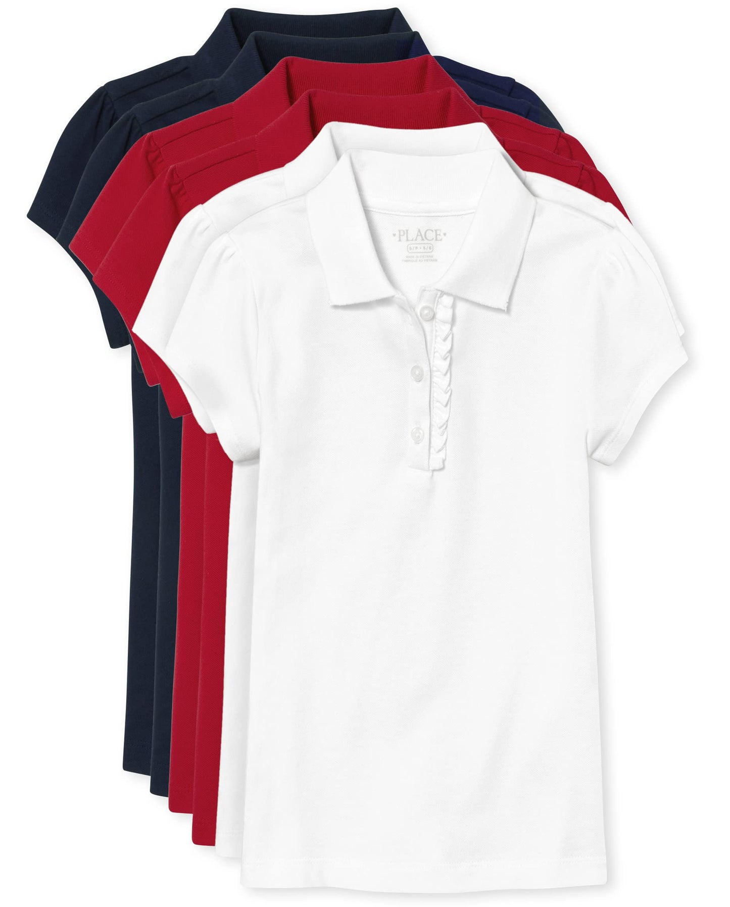 The Children's Place Girls Short Sleeve Ruffle Pique Polo,Ruby/Tidal/White- 6 Pack,M (7/8)