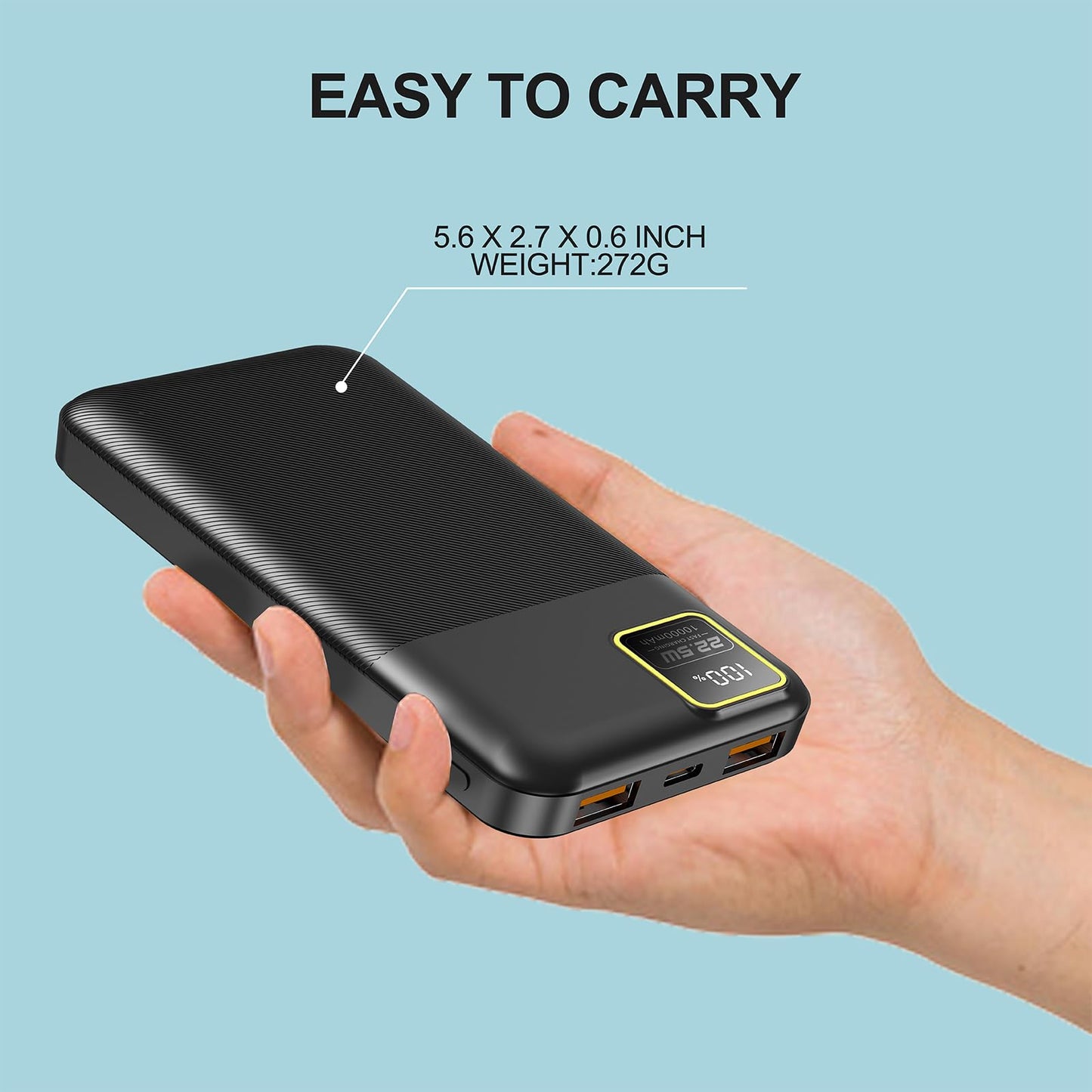 YUMGOOD Portable Charger, 22.5W 10000mAh 5V/3.1A Fast Charging Power Bank, USB-C Charger Battery Pack Powerbank with 3-Output & 2-Input LED Display for iPhone, Samsung, iPad, Tablet, etc(Black)