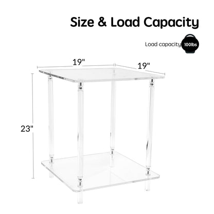 Homcred Square Side Table,Screwless Acrylic Side Table,19" L x 19" W x 23" H,Rapid 10-Second Setup,End Table,Nightstand,Coffee Table for Outdoor,Living Room,Bedroom,2-Tier, Clear
