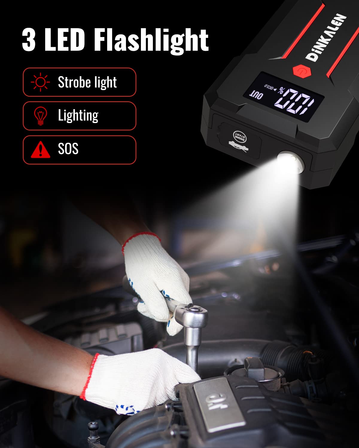 Portable 3000A Car Jump Starter with LED Lights