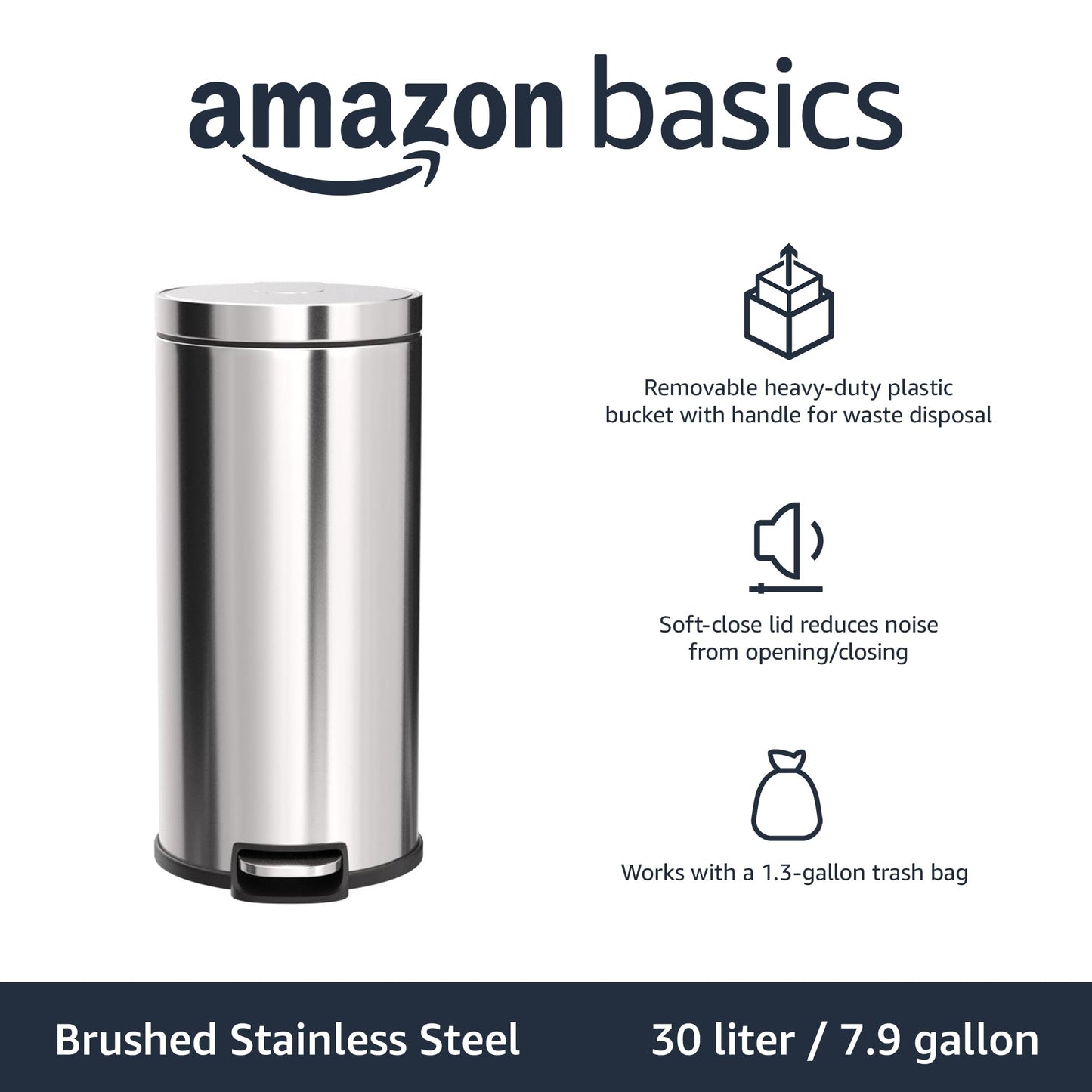 Amazon Basics Round Cylindrical Trash Can With Soft-Close Foot Pedal, 30 Liter/7.9 Gallon, Brushed Stainless Steel