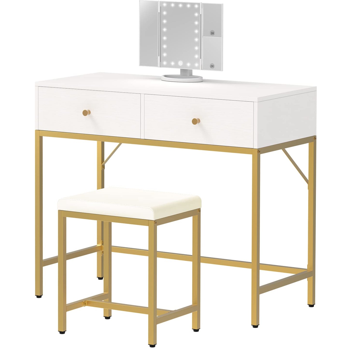 SUPERJARE Vanity Desk, Makeup Vanity with Lighted Mirror, White Desk with Drawers, 35.4 Inches Makeup Vanity Desk with Lights, for Bedroom, White and Gold