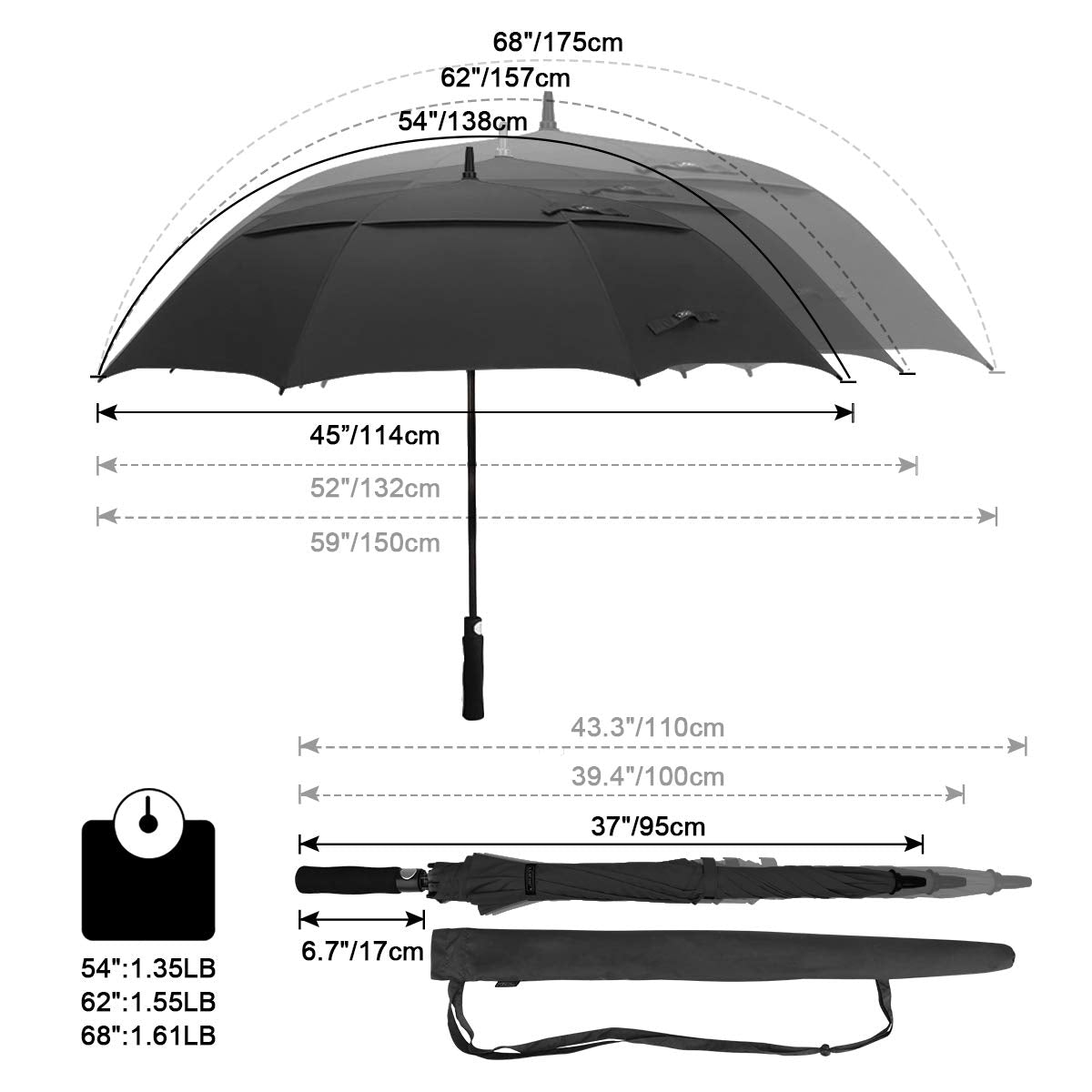 G4Free 2 Pack Extra Large 68 Inch Golf Umbrella Automatic Open Oversize Double Canopy Vented Windproof Waterproof Stick Umbrellas (Black)