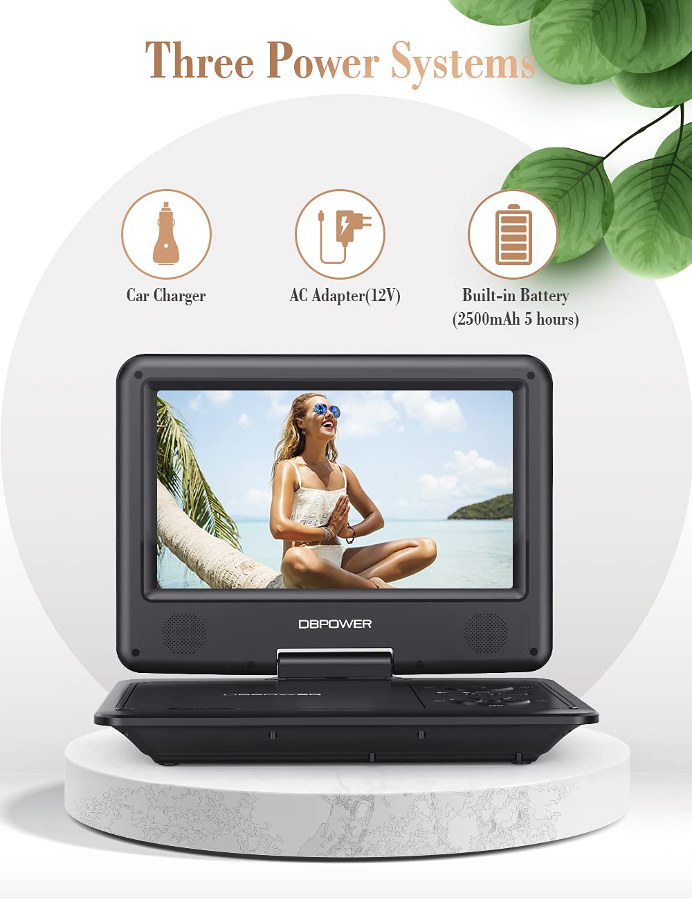 DBPOWER 11.5" Portable DVD Player, 5-Hour Built-in Rechargeable Battery, 9" Swivel Screen, Support CD/DVD/SD Card/USB, Remote Control, 1.8 Meter Car Charger, Power Adaptor and Car Headrest (Black)