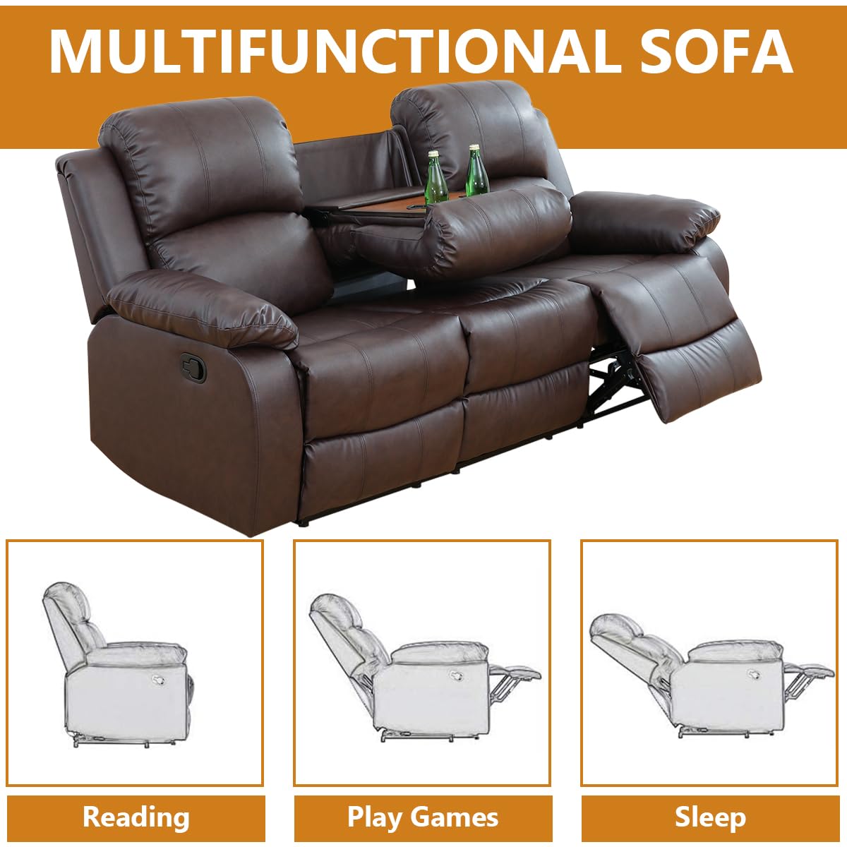 Mlxgoie Manual Leather Recliner Sofas, Brown