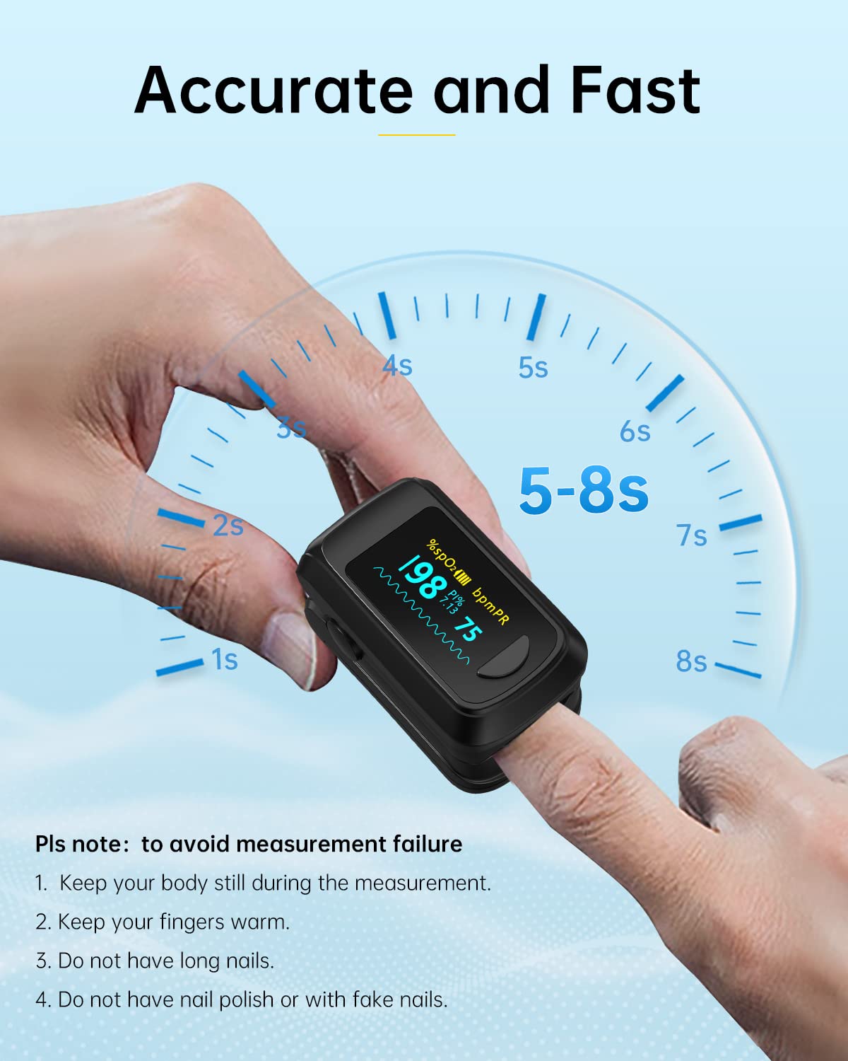 Fingertip Pulse Oximeter Blood Oxygen Saturation Monitor, Heart Rate and Fast Spo2 Reading Oxygen Meter with OLED Screen AAA Batteries