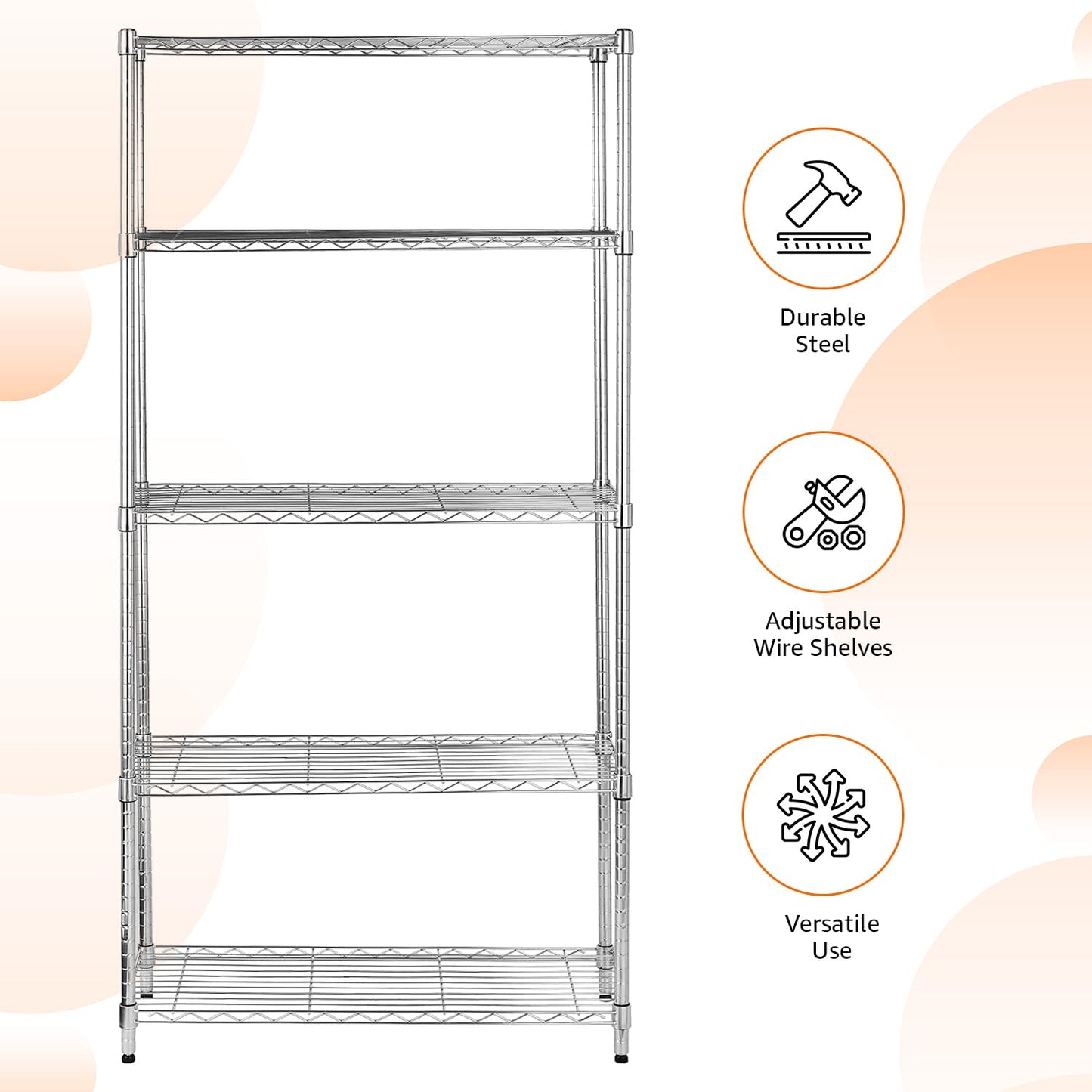 Amazon Basics 5-Shelf Adjustable Heavy Duty Steel Wire Rack Storage Shelving Organizer for Kitchen, Garage, 36" L x 14" W x 72" H, Silver