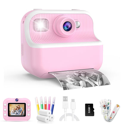 Kids Camera Instant Print Toys Toddler Cameras Printing Photos - 1080P Video Cameras - 12Mp Children Digital Selfie Camera Gift for Girls Boys Age 3-12 with 32GB SD Card (Pink)
