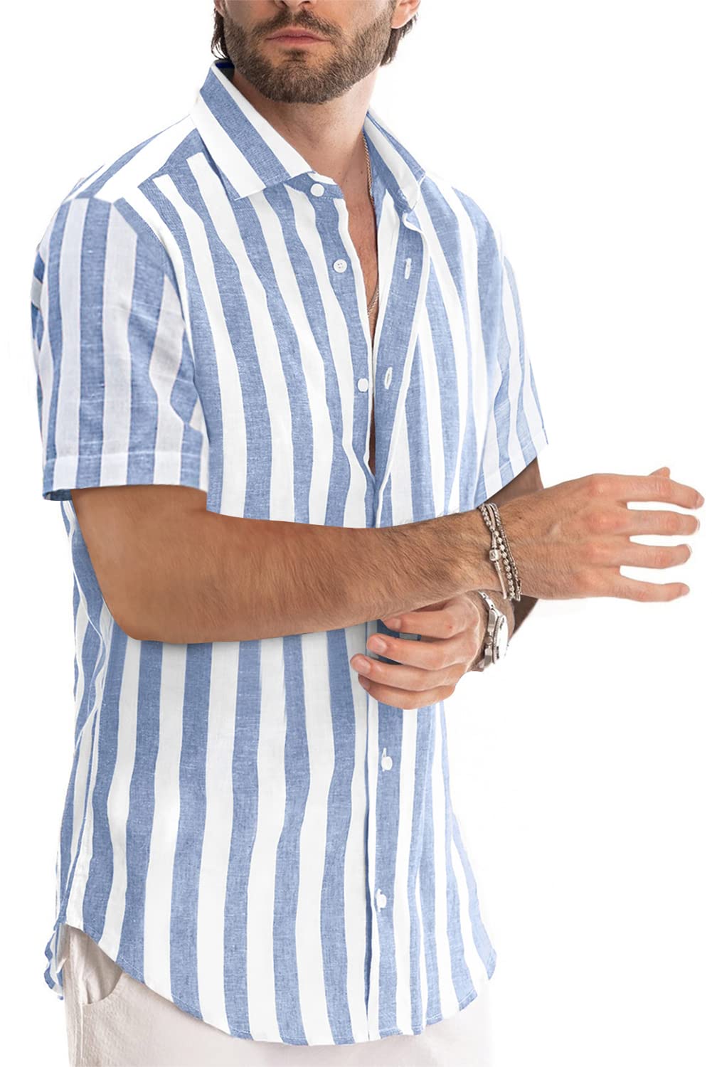 JMIERR Men's Summer Casual Stylish Short Sleeve Button-Down Shirts Cotton Linen Vertical Striped Dress Shirts Beach Hawaiian Shirt Cruise Wear Men, S, Sky Blue