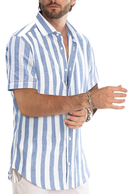 JMIERR Men's Summer Casual Stylish Short Sleeve Button-Down Shirts Cotton Linen Vertical Striped Dress Shirts Beach Hawaiian Shirt Cruise Wear Men, S, Sky Blue