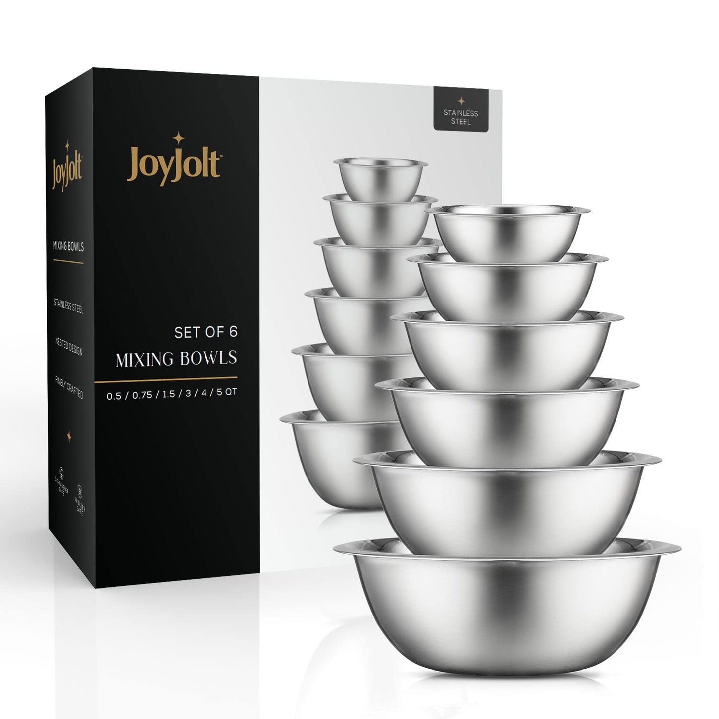 JoyJolt Stainless Steel Mixing Bowl Set of 6 Bowls. 5qt Large to 0.5qt Small Metal Bowl. Kitchen, Cooking and Storage Nesting Dough, Batter Baking Bowls