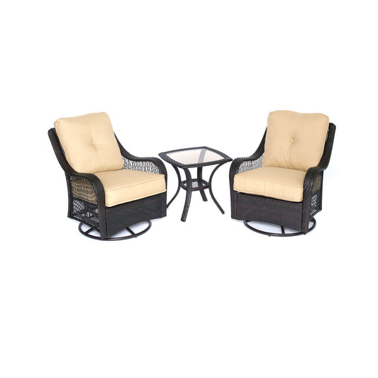 Hanover Orleans 3-Piece Patio Conversation Set with 2 Brown Wicker Swivel Rockers, Sahara Sand Cushions, and Glass Top Square Table, Outdoor Bistro Set 3-Piece