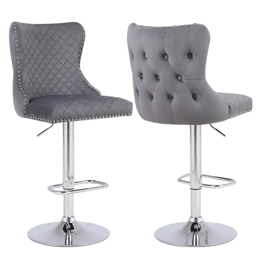 Chummaven Velvet Adjustable Bar Stools Set of 2, Counter Height Swivel Barstools with Chrome Base Footrest, Modern Upholstered Bar Chairs with Boutton Tufed High-Back for Kitchen,Dark Grey