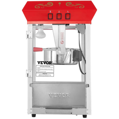 VEVOR Commercial Popcorn Machine, 8 Oz Kettle, 850 W Countertop Popcorn Maker for 48 Cups per Batch, Theater Style Popper with 3-Switch Control Steel Frame Tempered Glass Doors 2 Scoops 2 Spoons, Red